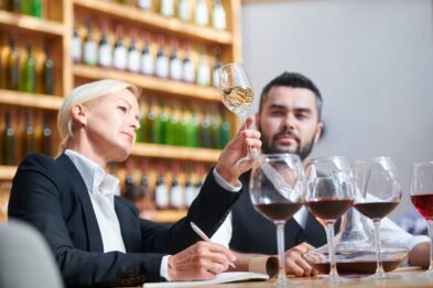 Serious professional sommeliers examining color of white wine in bokal